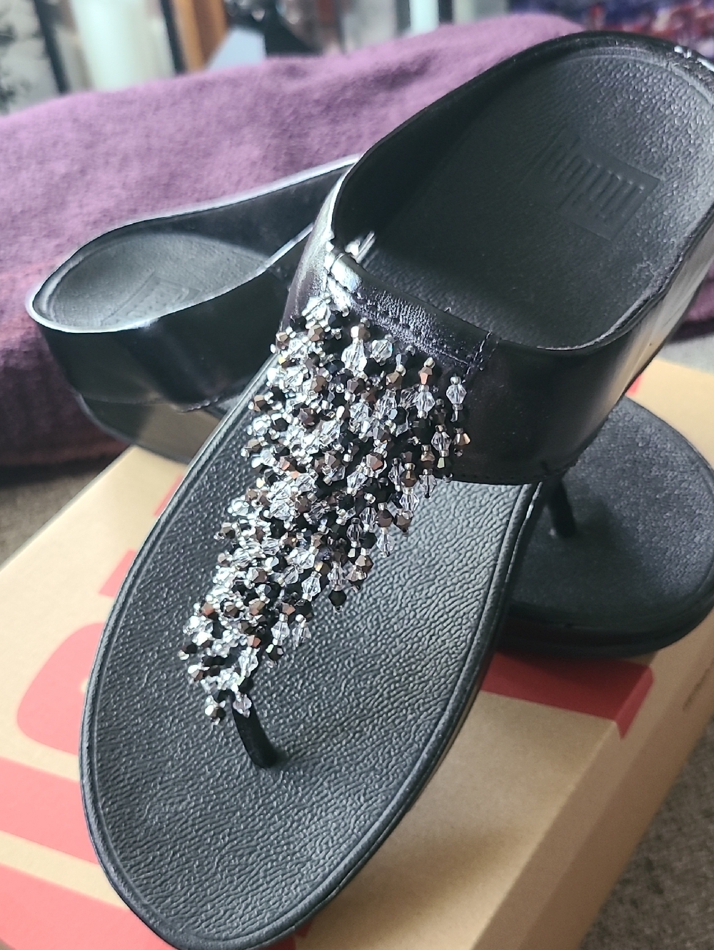 FITFLOP Black Beaded Thong Wedge Sandals - Women's Dress Flip Flops Size 9